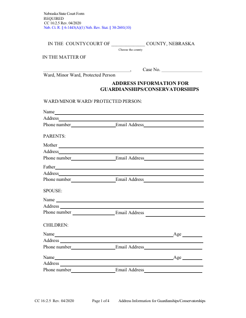 Form CC16:2.5 Address Information for Guardianships/Conservatorships - Nebraska