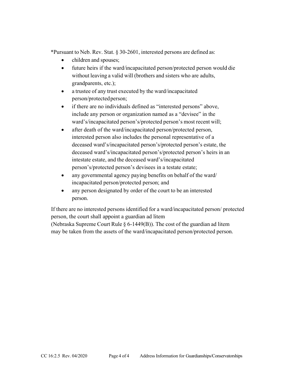 Form CC16:2.5 Address Information for Guardianships / Conservatorships - Nebraska, Page 4