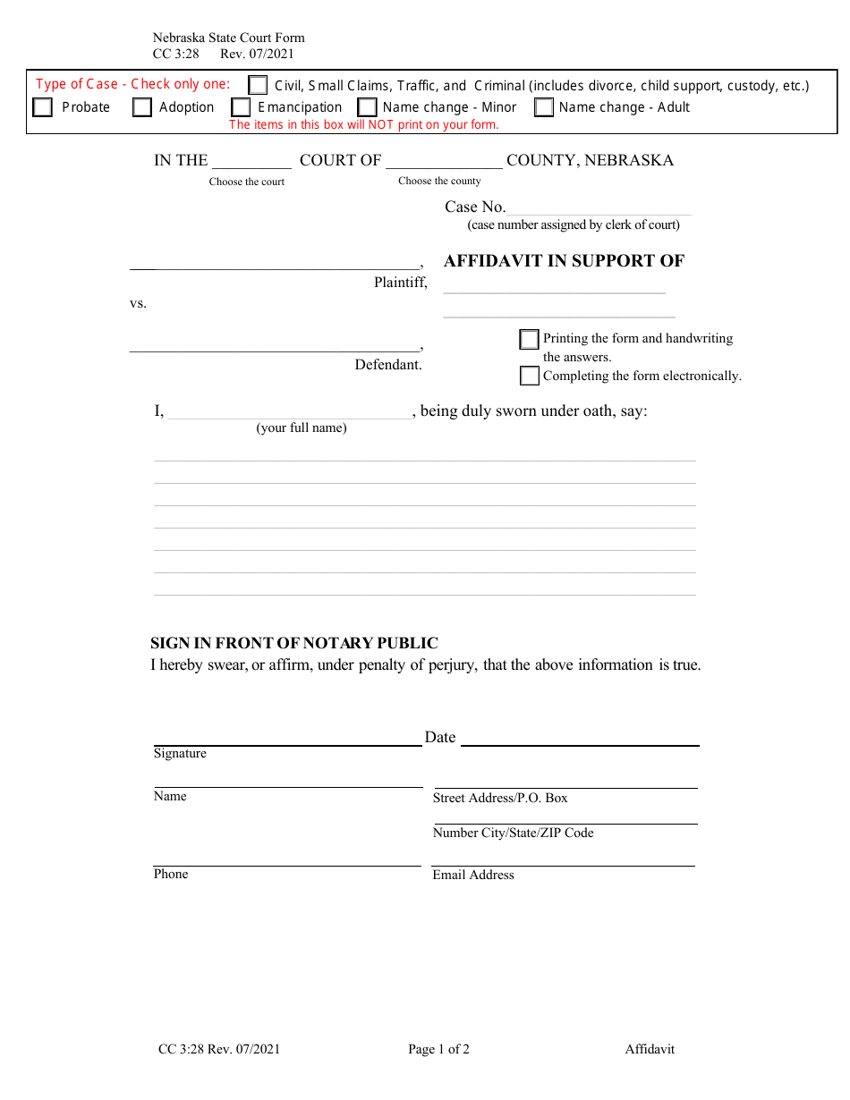 Form CC3:28 Affidavit (Generic) - Nebraska, Page 1