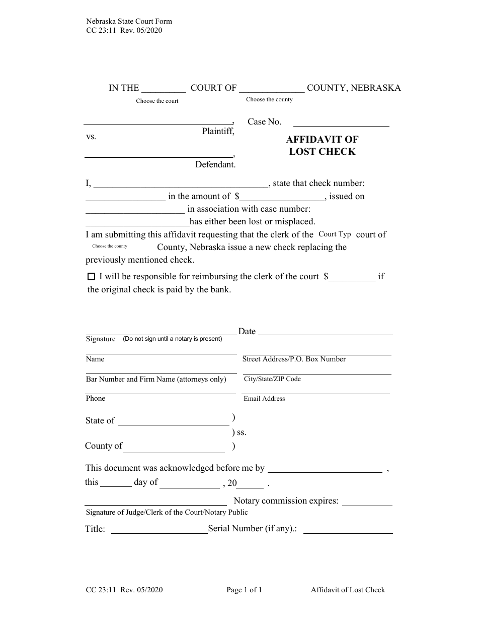 Form CC23:11 Affidavit of Lost Check - Nebraska, Page 1