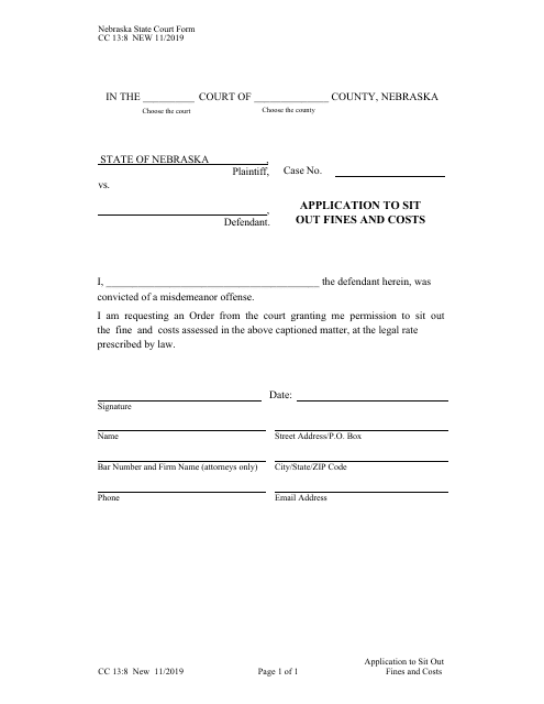 Form CC13:8 Application to Sit out Fines and Costs - Nebraska