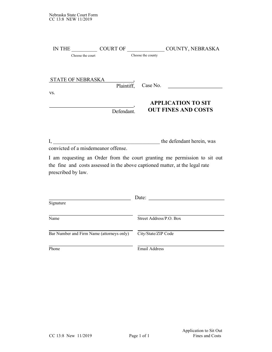 Form CC13:8 Application to Sit out Fines and Costs - Nebraska, Page 1