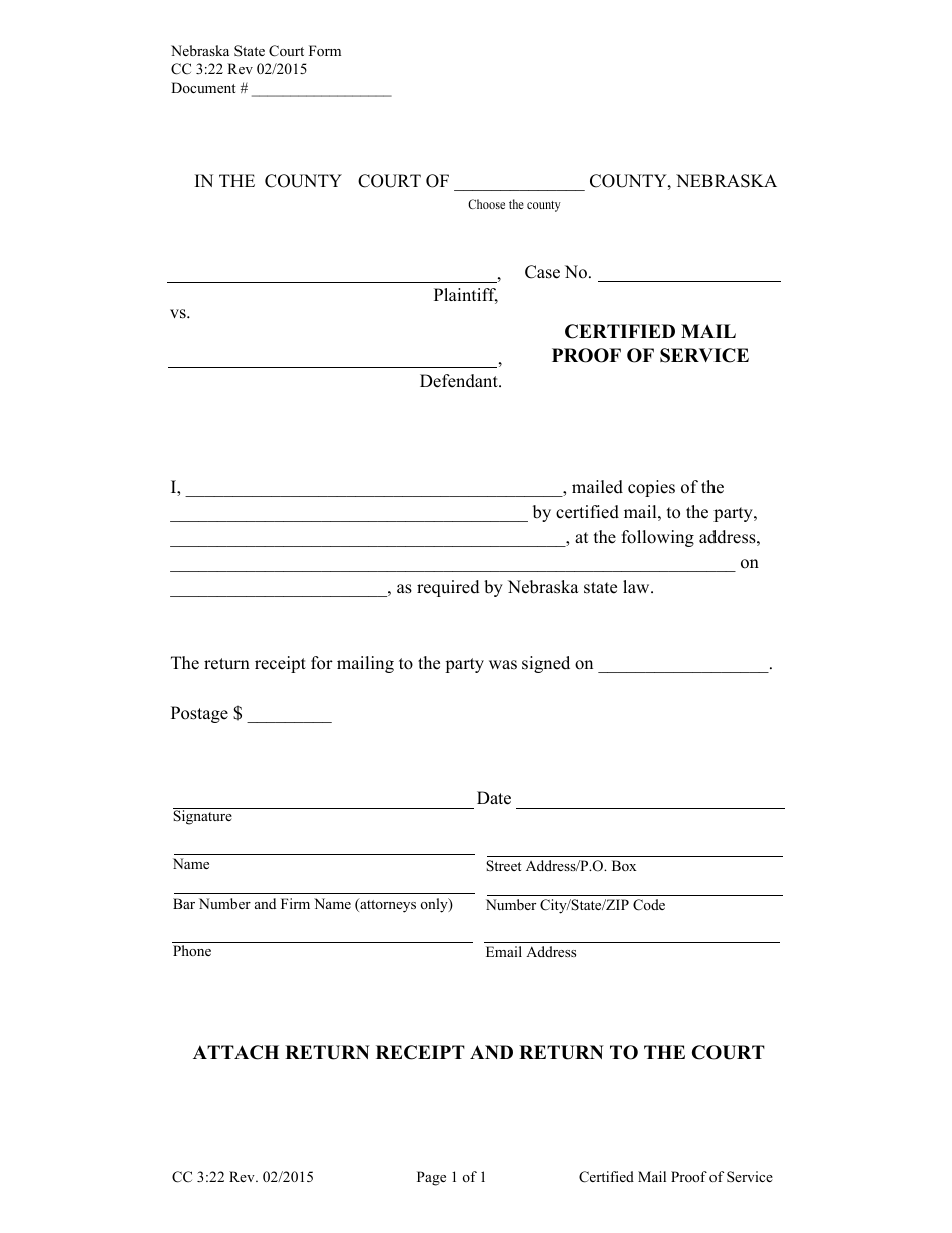Form CC3:22 Certified Mail Proof of Service - Nebraska, Page 1