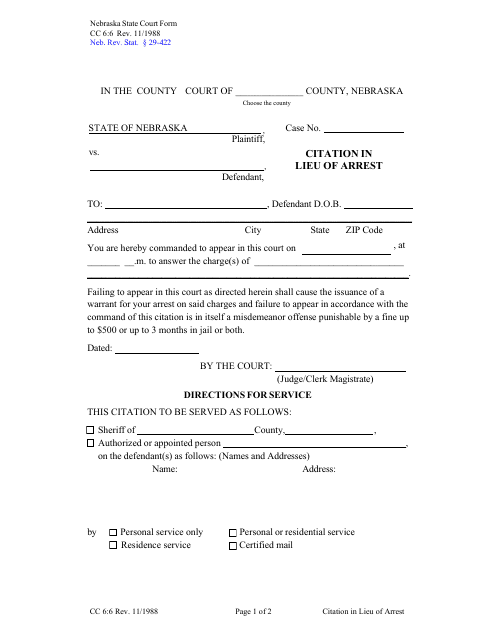 Form CC6:6 Citation in Lieu of Arrest - Nebraska
