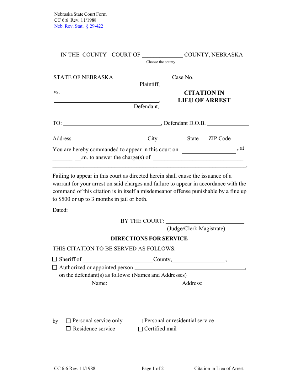 Form CC6:6 Citation in Lieu of Arrest - Nebraska, Page 1