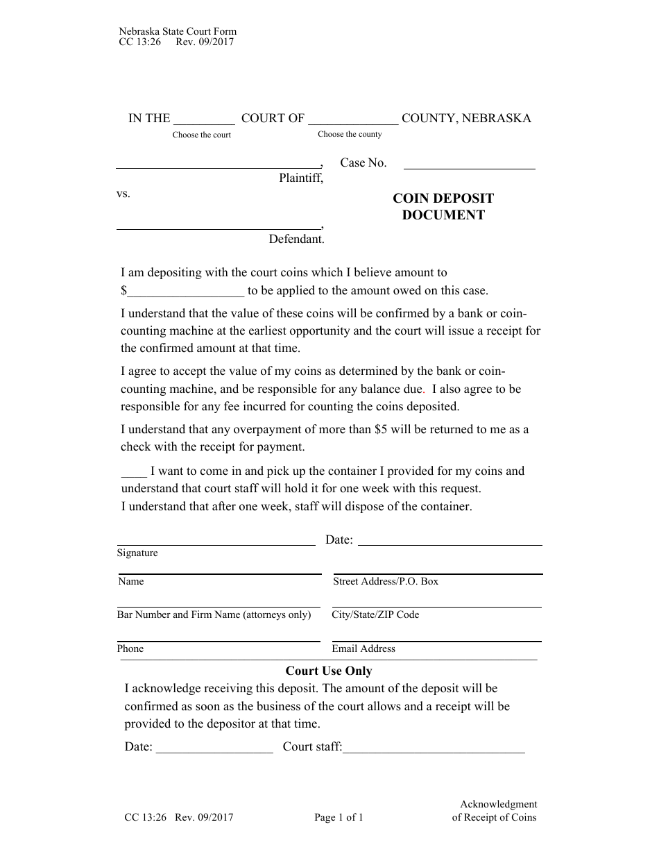 Form CC13:26 Coin Deposit Document - Nebraska, Page 1