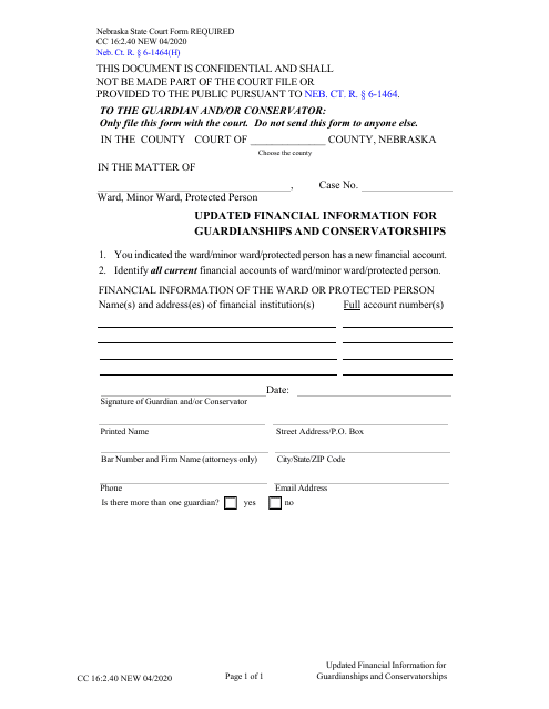 Form CC16:2.40 Updated Financial Information for Guardianships and Conservatorships - Nebraska