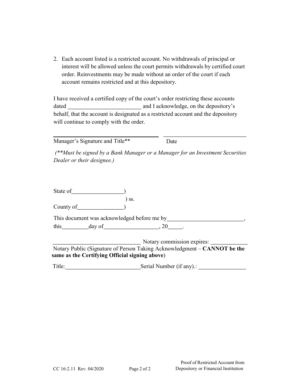 Form CC16:2.11 Proof of Restricted Account From Depository or Financial Institution - Nebraska, Page 2