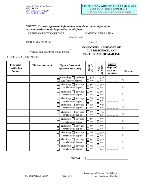 Form CC16:2.9 Inventory, Affidavit of Due Diligence, and Certificate of Mailing - Nebraska