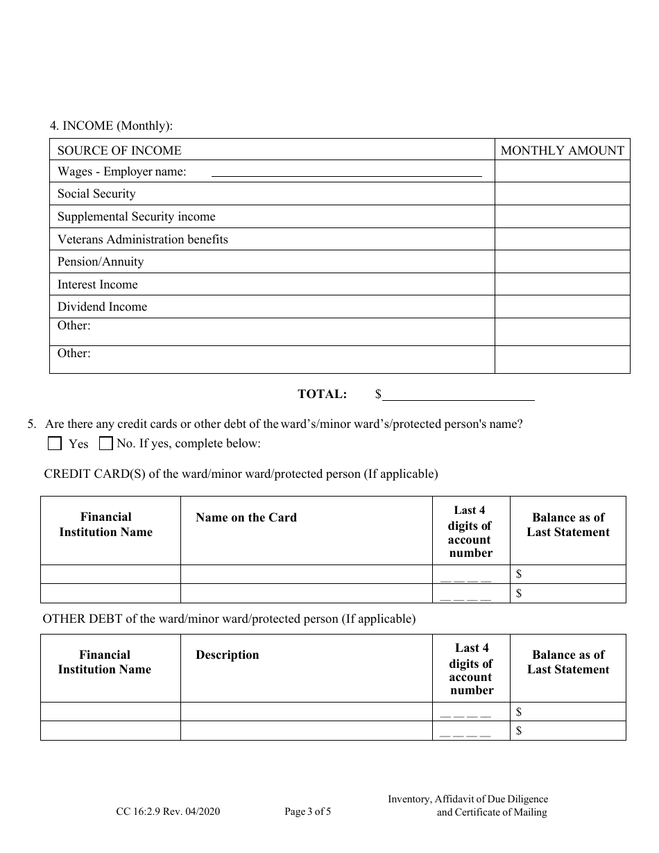 Form CC16:2.9 Download Fillable PDF or Fill Online Inventory, Affidavit ...