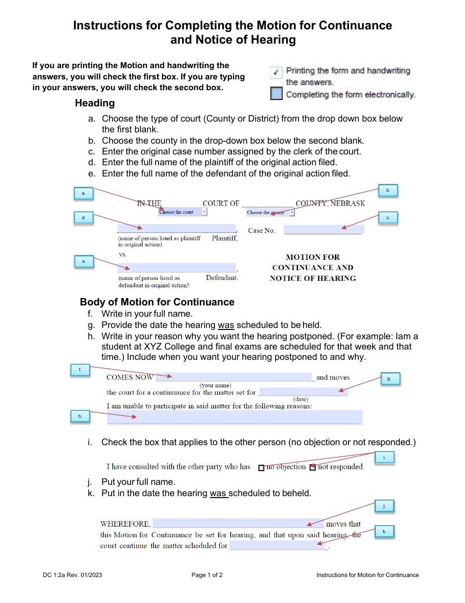 Download Instructions for Form DC12 Motion for Continuance and Notice of Hearing PDF 2019