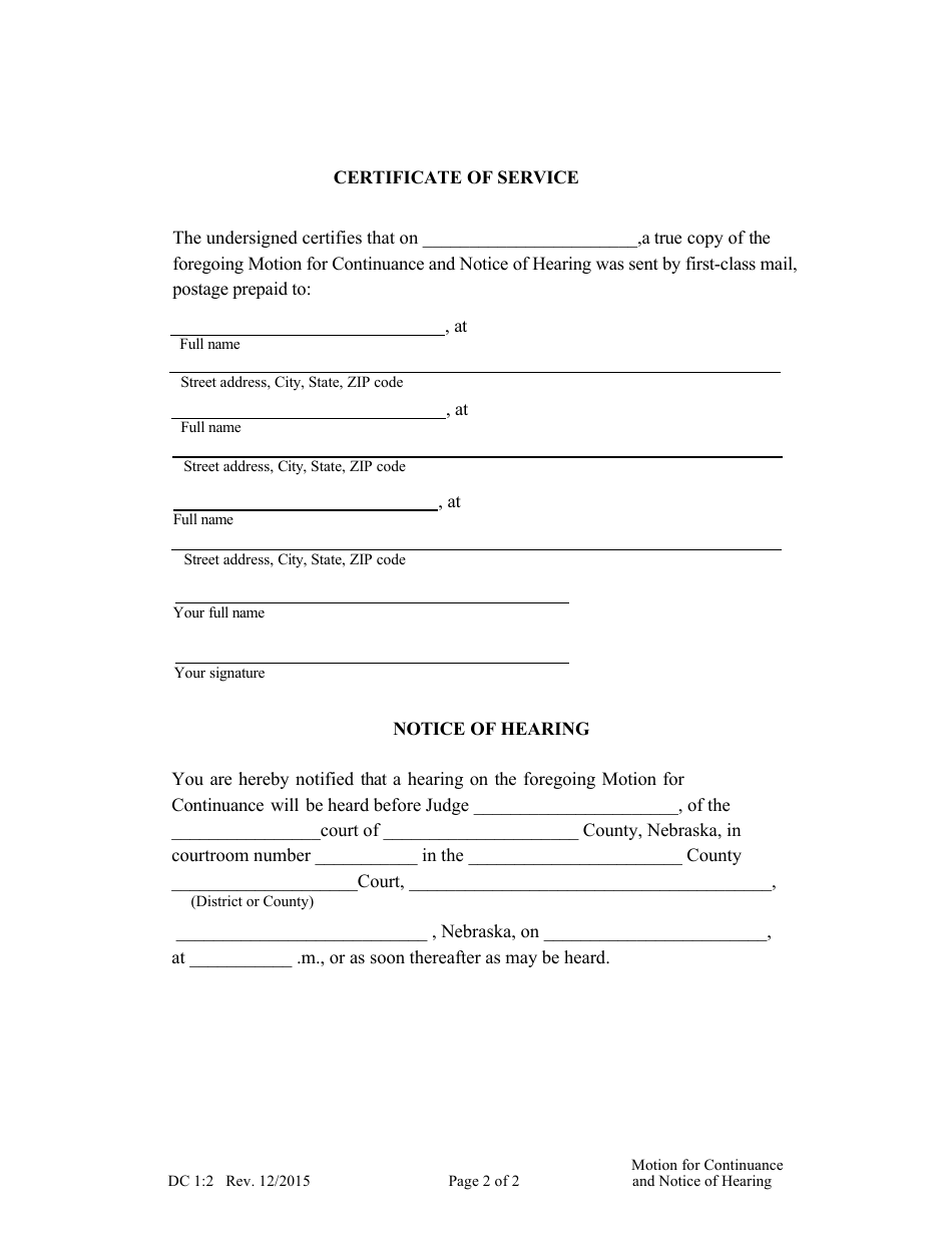 Form DC1:2 Motion for Continuance and Notice of Hearing - Nebraska, Page 2