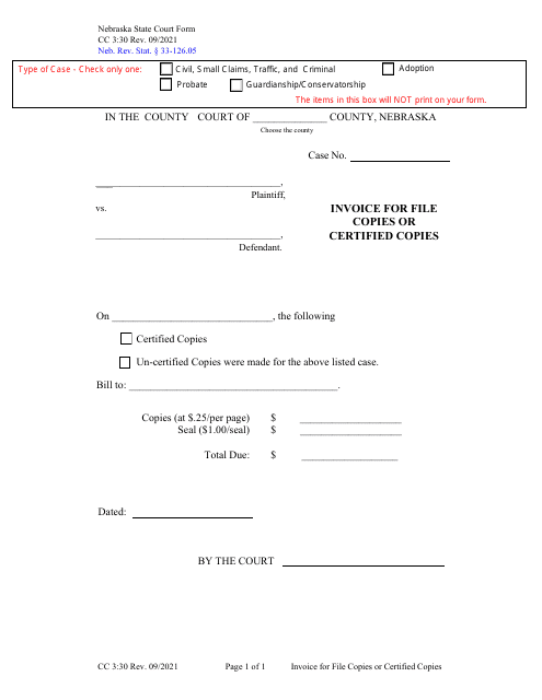 Form CC3:30 Invoice for File Copies or Certified Copies - Nebraska