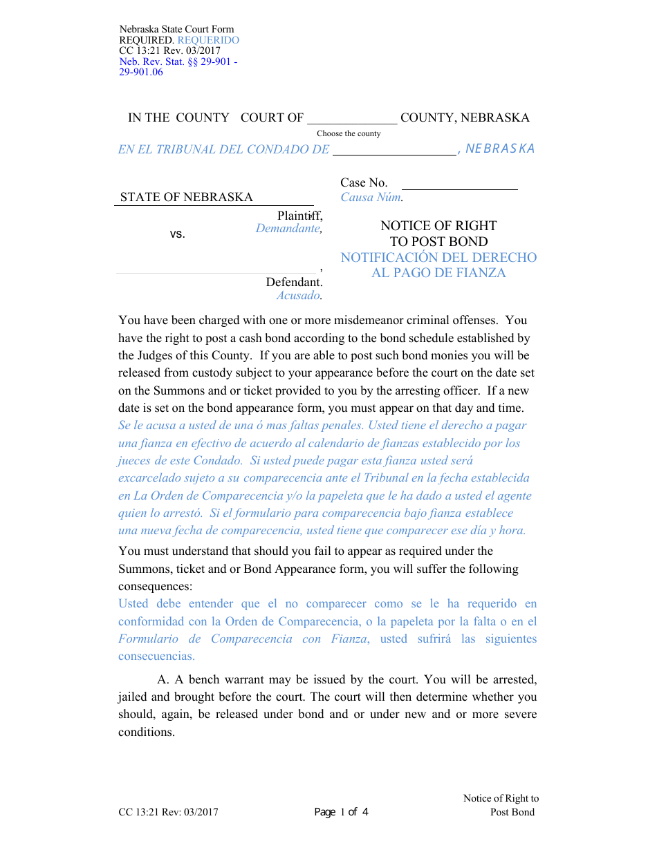 Form CC13:21 Notice of Right to Post Bond - Nebraska (English / Spanish), Page 1