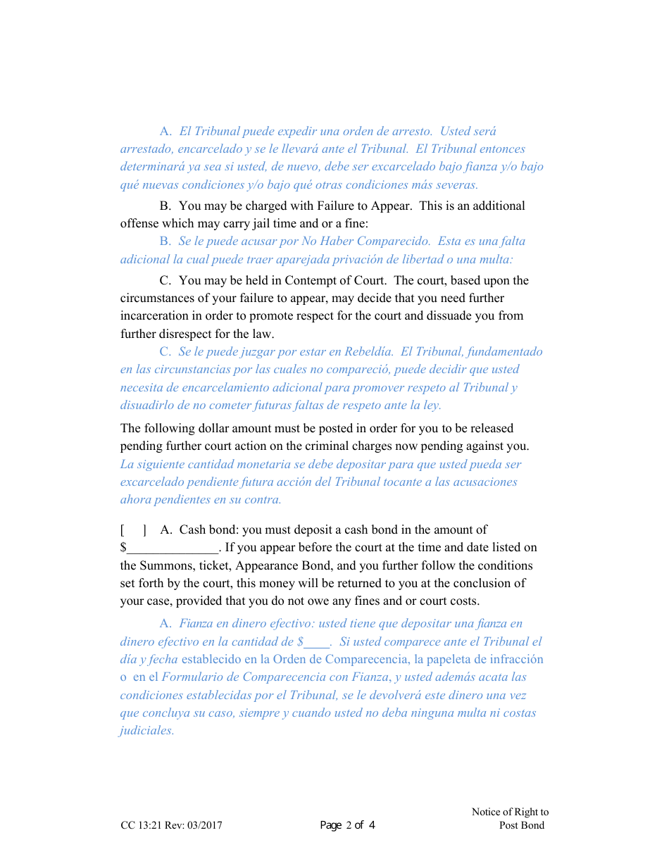 Form CC13:21 Notice of Right to Post Bond - Nebraska (English / Spanish), Page 2
