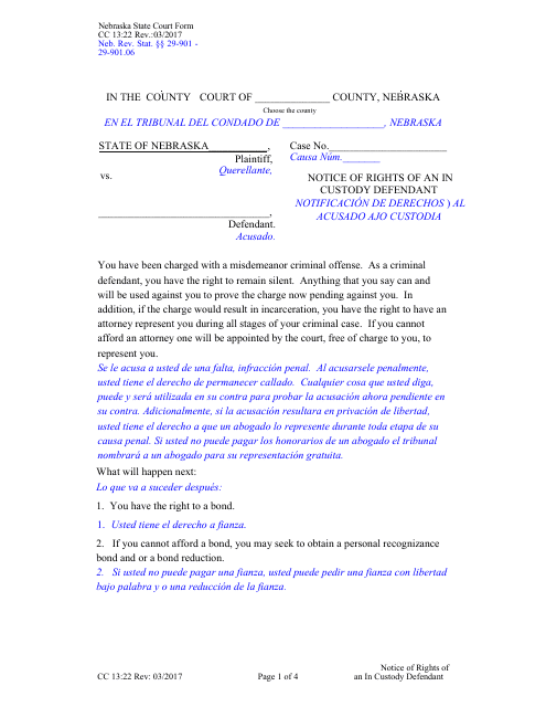 Form CC13:22 Notice of Rights of an in Custody Defendant - Nebraska (English/Spanish)