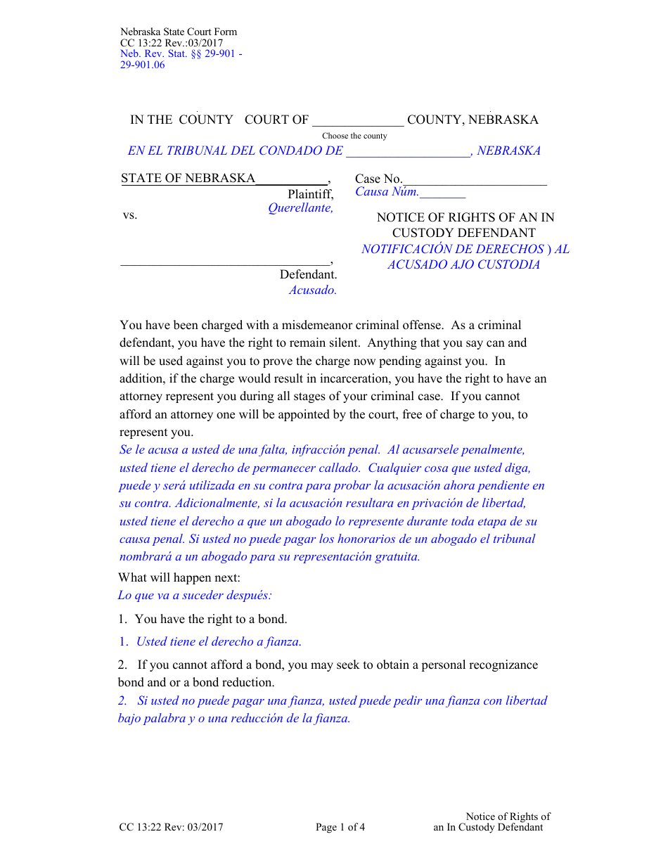Form CC13:22 Notice of Rights of an in Custody Defendant - Nebraska (English / Spanish), Page 1
