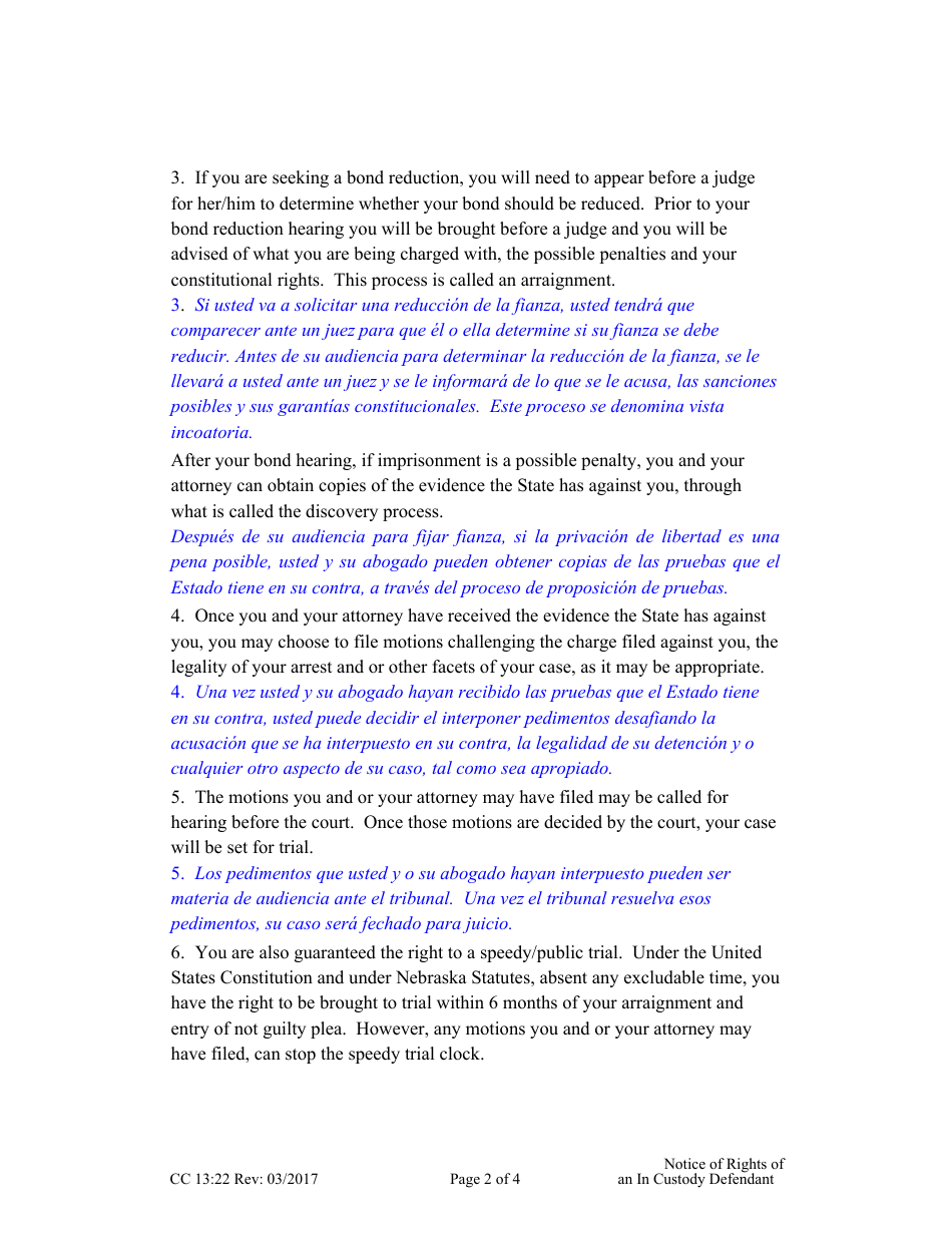 Form CC13:22 Notice of Rights of an in Custody Defendant - Nebraska (English / Spanish), Page 2