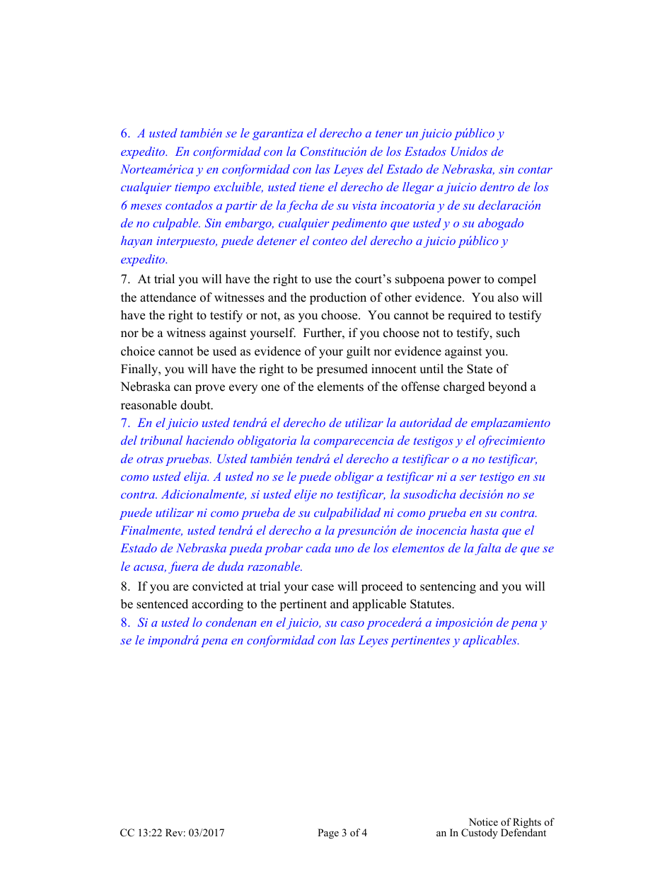 Form CC13:22 Notice of Rights of an in Custody Defendant - Nebraska (English / Spanish), Page 3