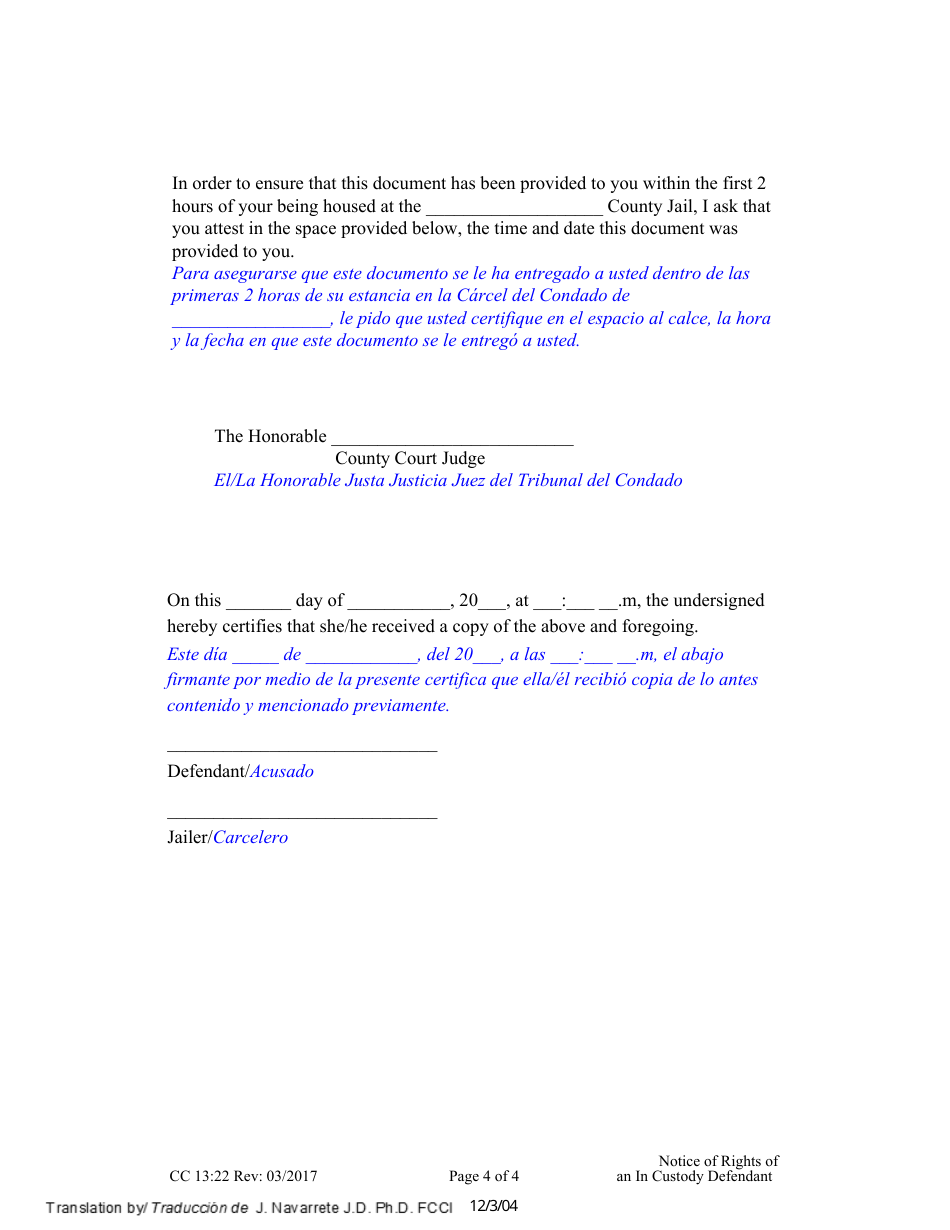 Form CC13:22 Notice of Rights of an in Custody Defendant - Nebraska (English / Spanish), Page 4
