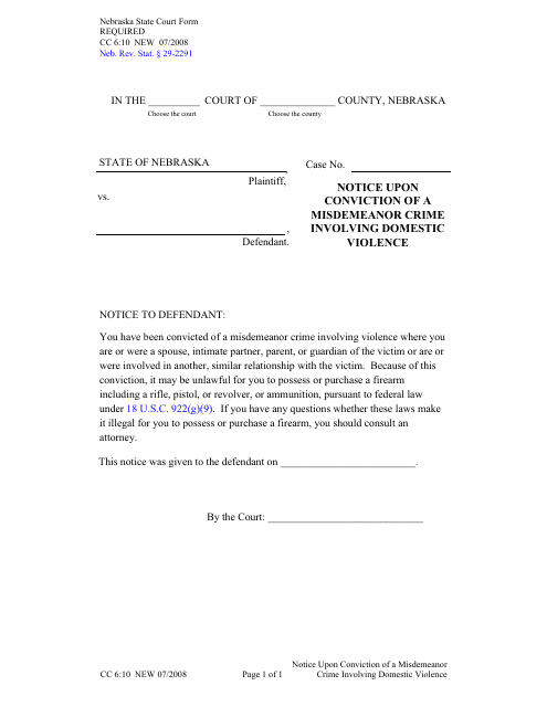 Form CC6:10 Notice Upon Conviction of a Misdemeanor Crime Involving Domestic Violence - Nebraska