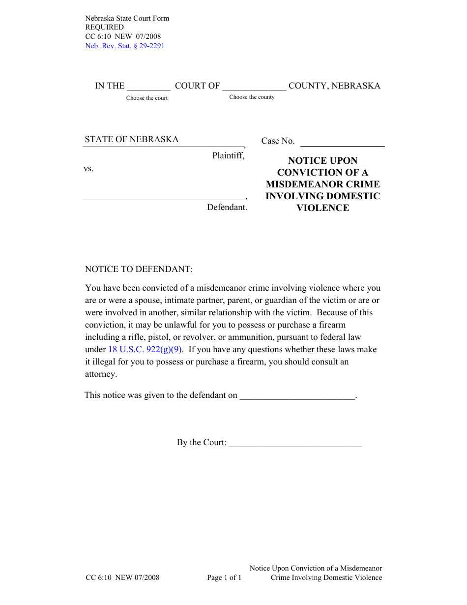 Form CC6:10 Notice Upon Conviction of a Misdemeanor Crime Involving Domestic Violence - Nebraska, Page 1