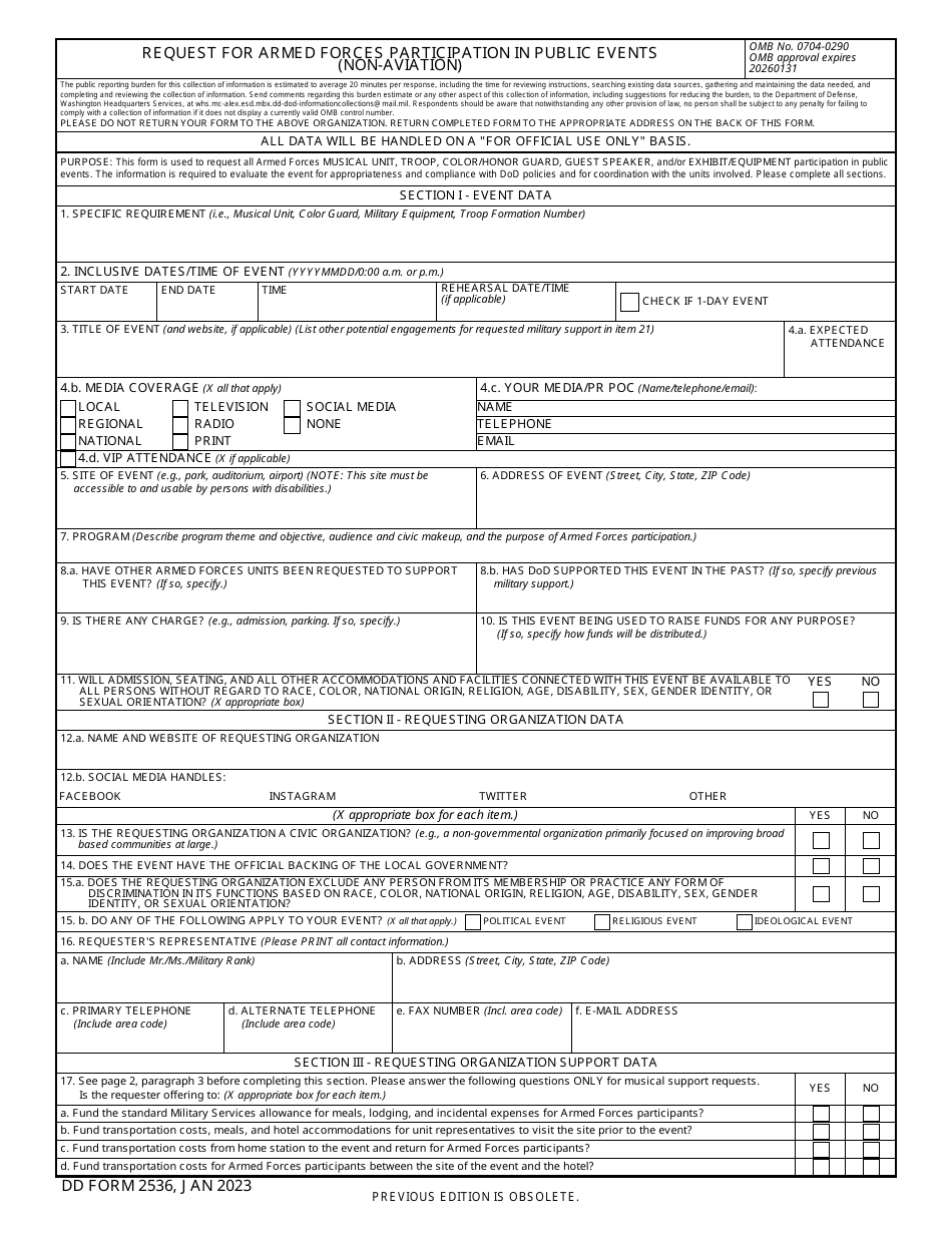 DD Form 2536 Request for Armed Forces Participation in Public Events (Non-aviation), Page 1