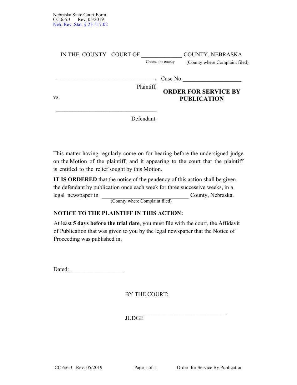 Form CC6:6.3 Order for Service by Publication - Nebraska, Page 1