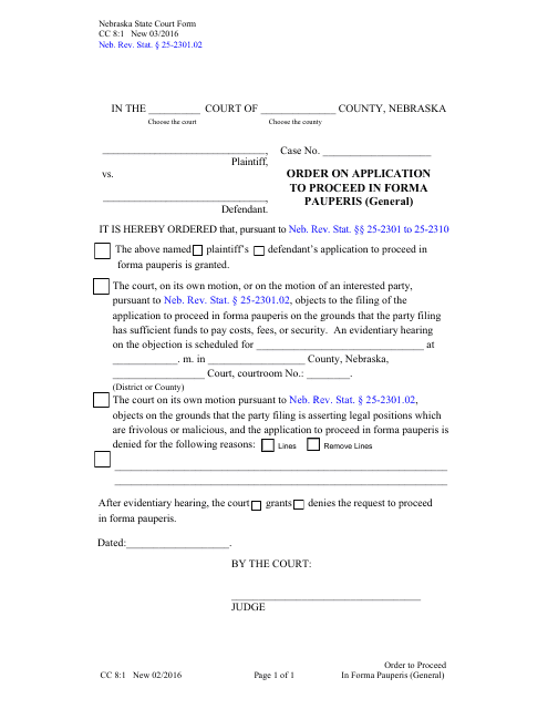 Form CC8:1 Order on Application to Proceed in Forma Pauperis (General) - Nebraska