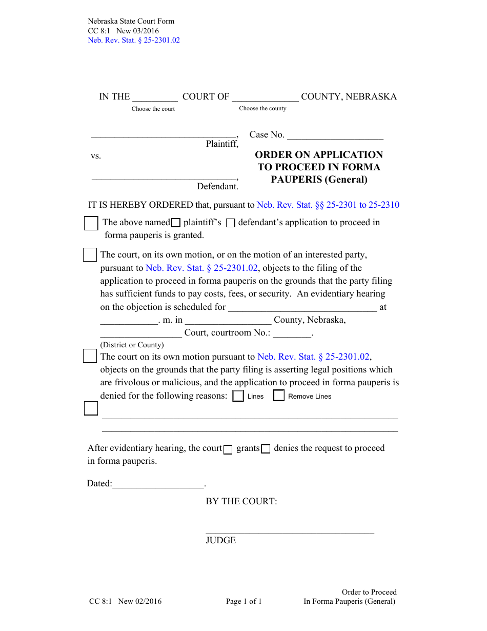 Form CC8:1 - Fill Out, Sign Online and Download Fillable PDF, Nebraska ...