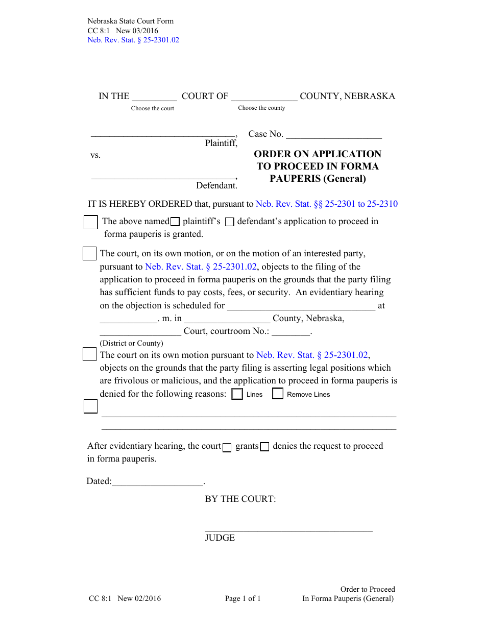 Form CC8:1 Order on Application to Proceed in Forma Pauperis (General) - Nebraska, Page 1