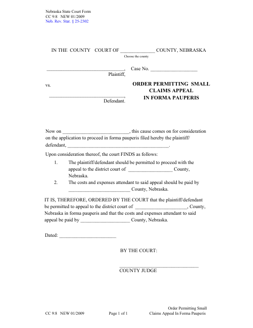 Form CC9:8 Order Permitting Small Claims Appeal in Forma Pauperis - Nebraska