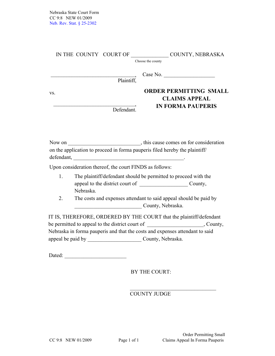 Form CC9:8 Order Permitting Small Claims Appeal in Forma Pauperis - Nebraska, Page 1