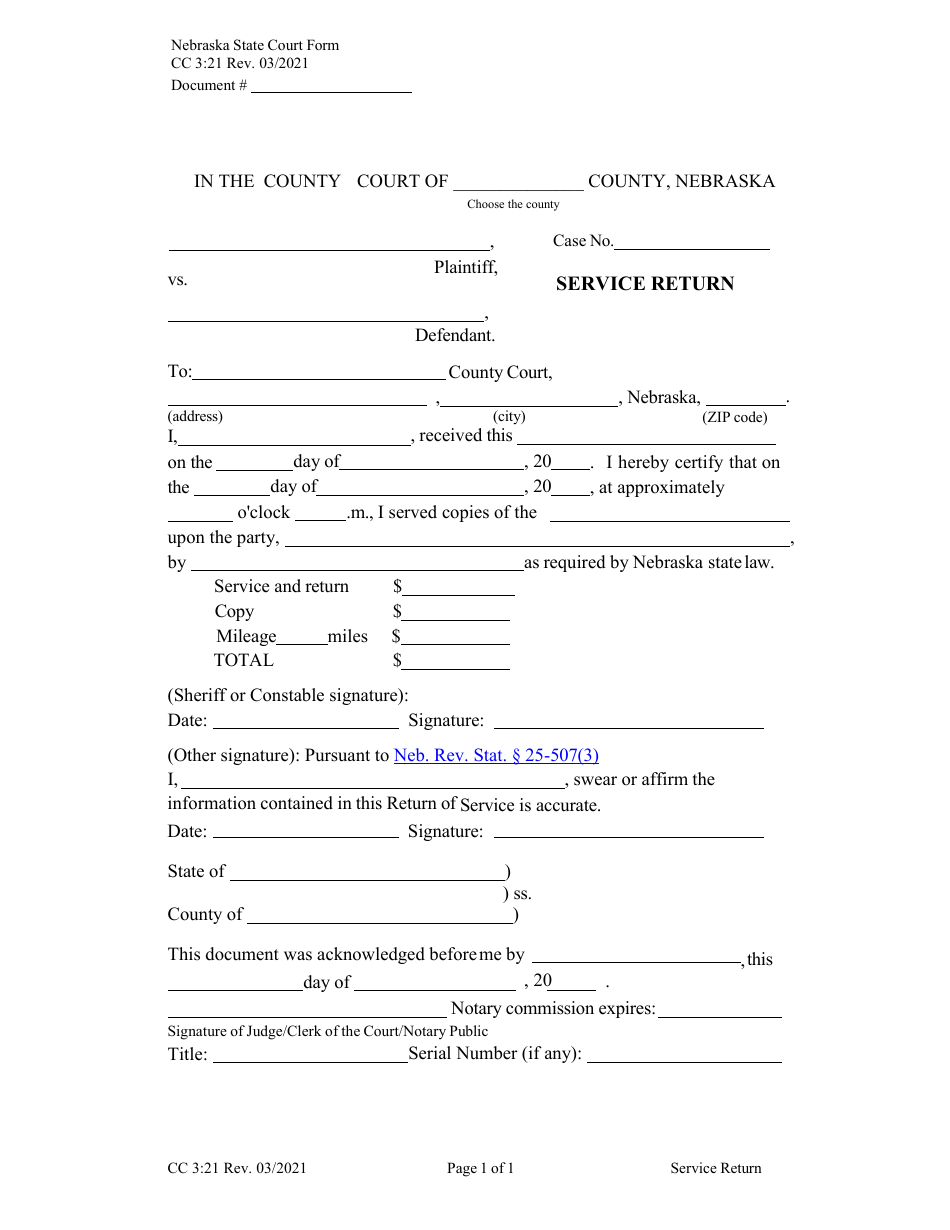 Form CC3:21 Service Return - Nebraska, Page 1