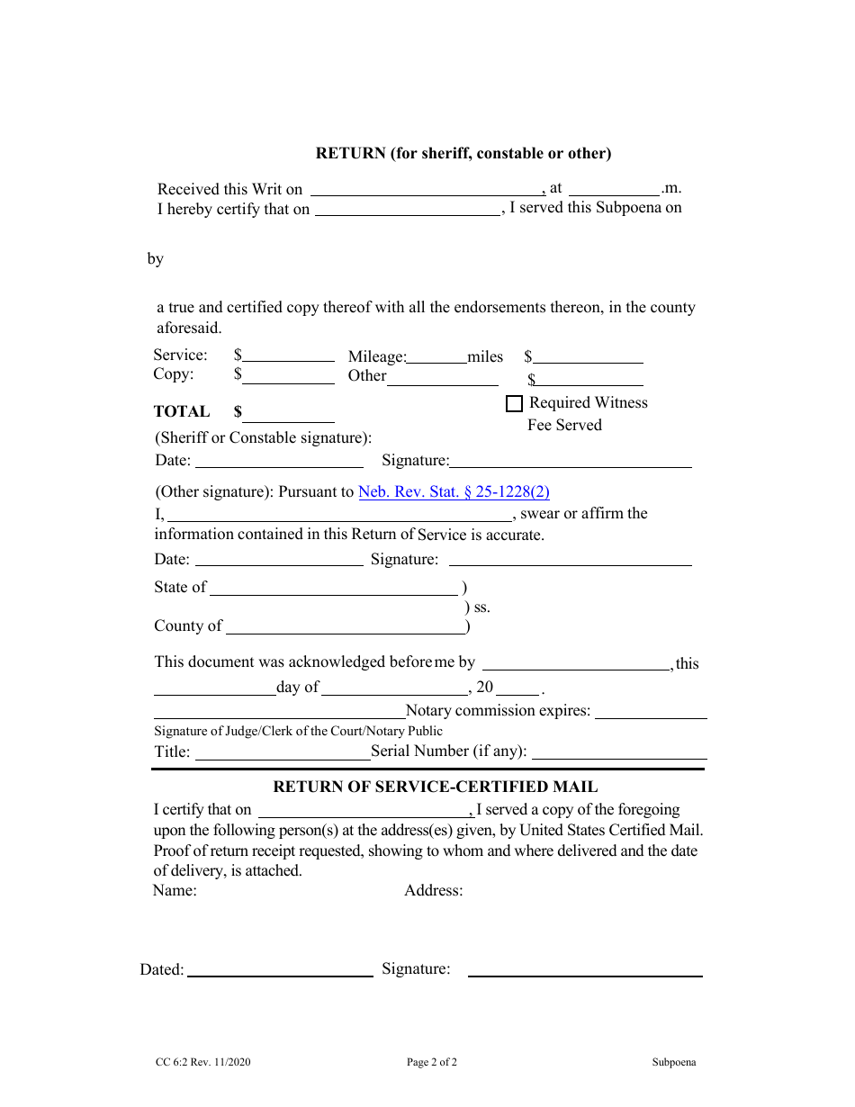 Form CC6:2 Subpoena (If Issued Pursuant to Neb. Rev. Stat. 25-1223(6)) - Nebraska, Page 2