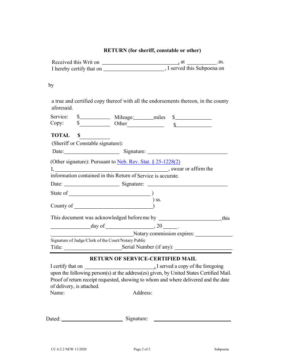 Form CC6:2.2 Subpoena (If Issued Pursuant to Neb. Rev. Stat. 25-1223(6)) - for an Employee of the State of Nebraska, a Political Subdivision Thereof, or a Privately Employed Security Guard - Nebraska, Page 2