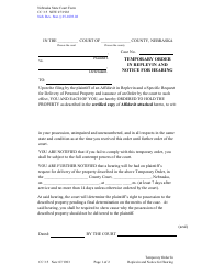 Document preview: Form CC3:5 Temporary Order in Replevin and Notice for Hearing - Nebraska