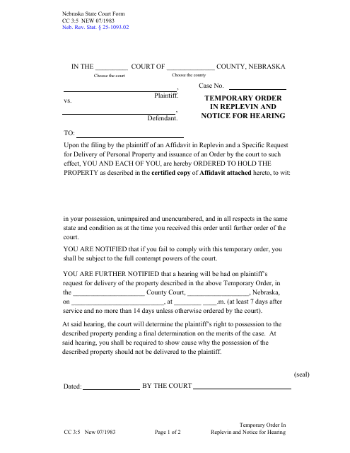 Form CC3:5 Temporary Order in Replevin and Notice for Hearing - Nebraska