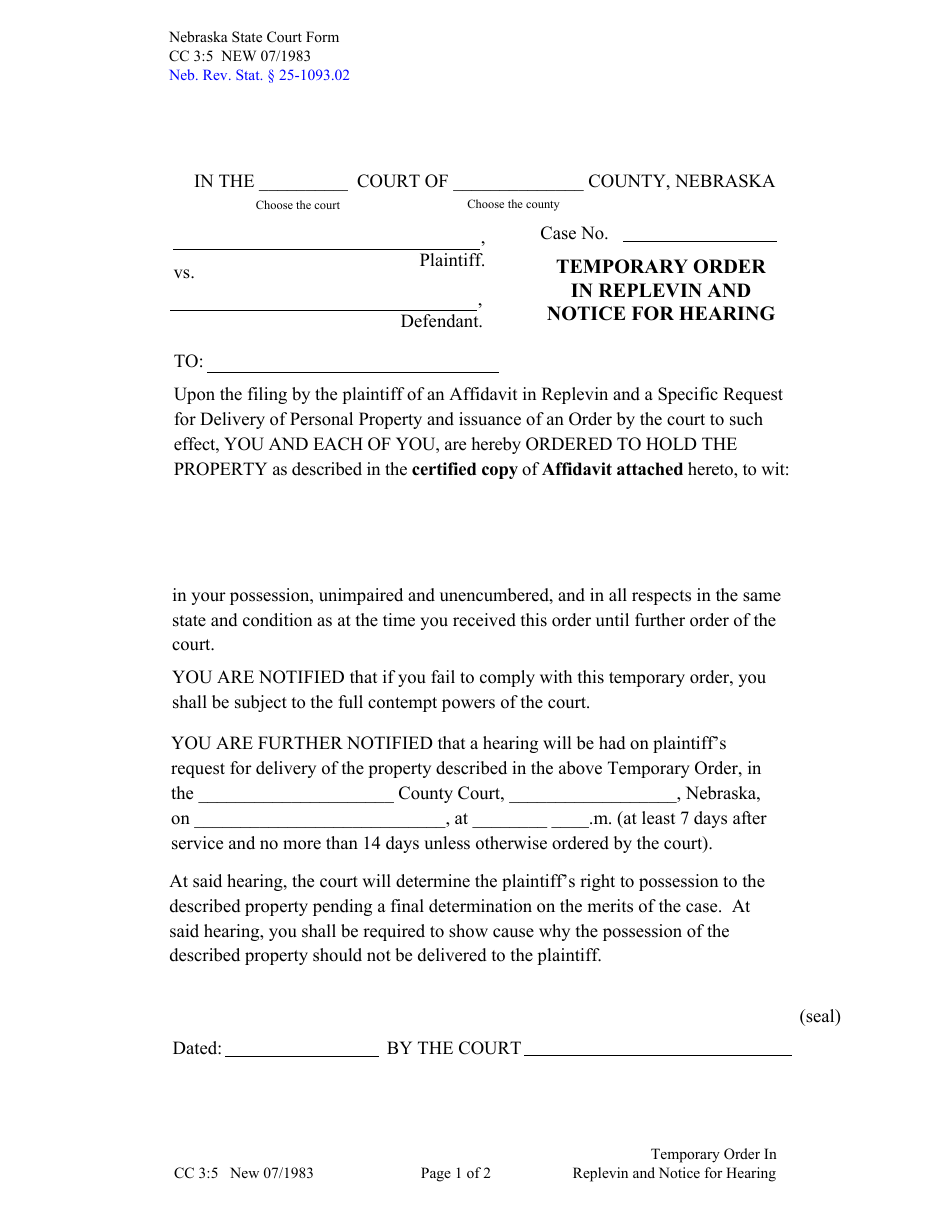 Form CC3:5 Temporary Order in Replevin and Notice for Hearing - Nebraska, Page 1