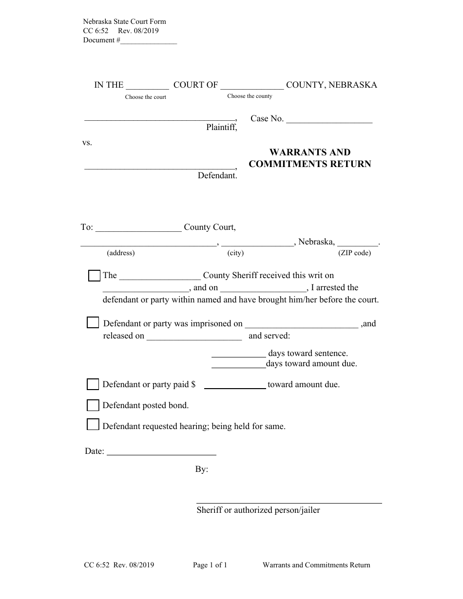 Form CC6:52 Warrants and Commitments Return - Nebraska, Page 1