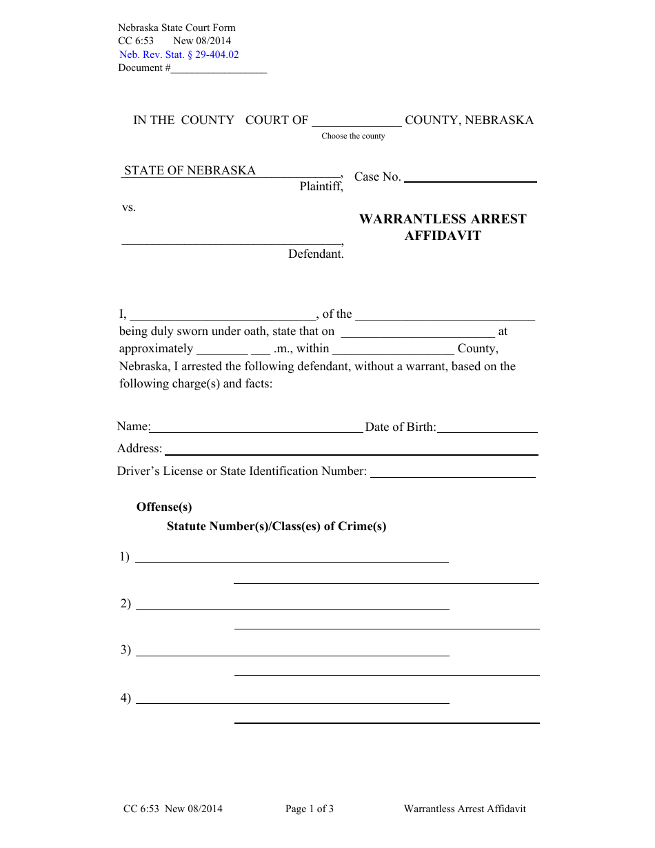 Form CC6:53 Warrantless Arrest Affidavit - Nebraska, Page 1