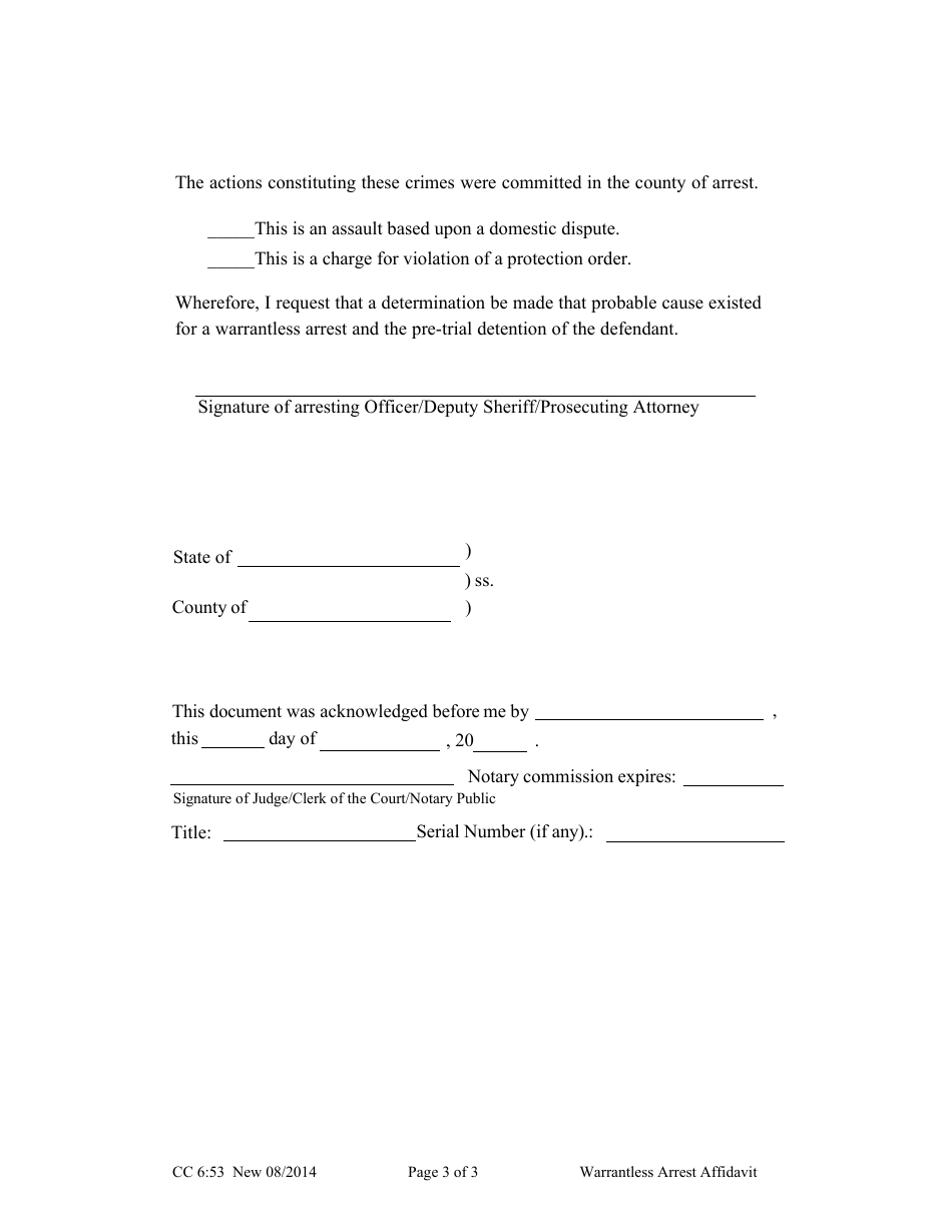 Form CC6:53 Warrantless Arrest Affidavit - Nebraska, Page 3