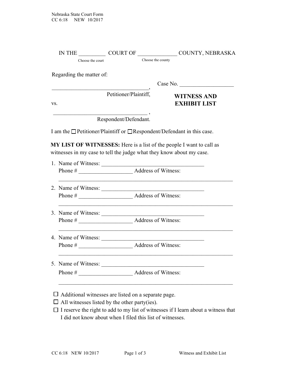 Form CC6:18 Witness and Exhibit List - Nebraska, Page 1
