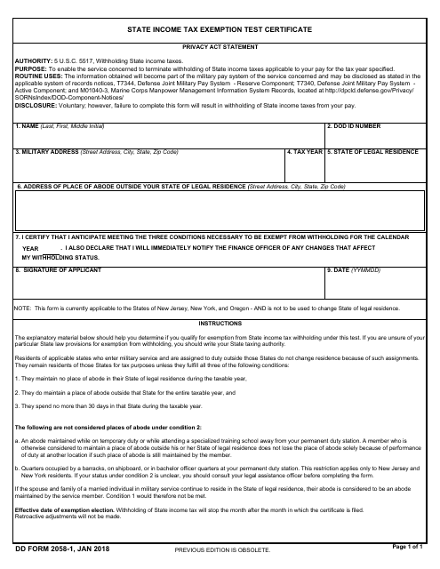 DD Form 2058-1 State Income Tax Exemption Test Certificate