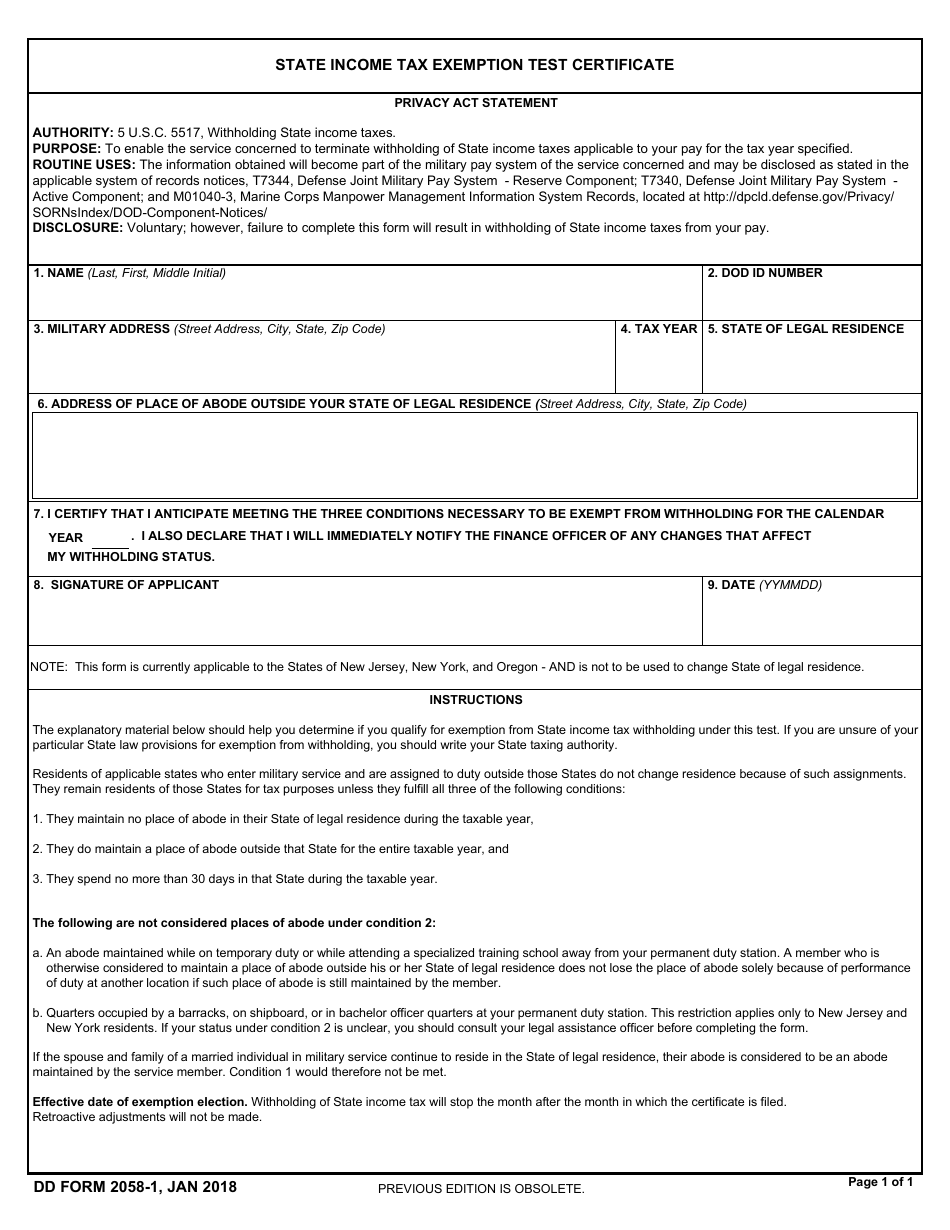DD Form 2058-1 State Income Tax Exemption Test Certificate, Page 1