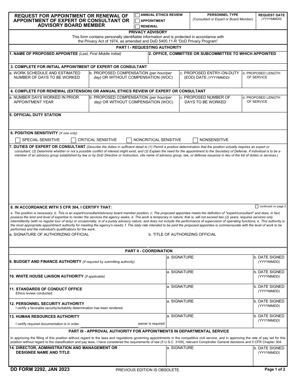 DD Form 2292 Request for Appointment or Renewal of Appointment of Expert or Consultant or Advisory Board Member, Page 1