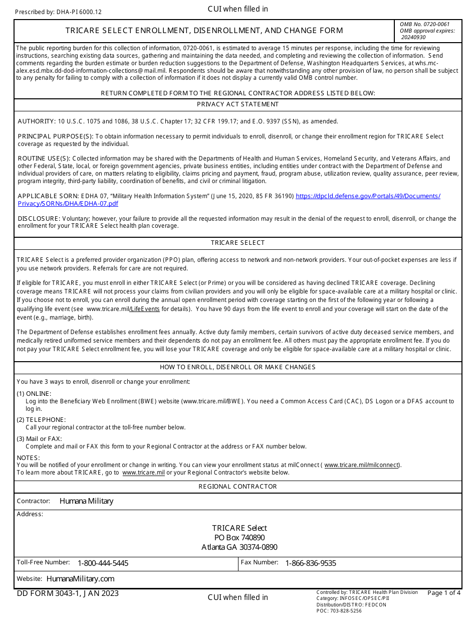 DD Form 3043-1 TRICARE Select Enrollment, Disenrollment, and Change Form (East), Page 1