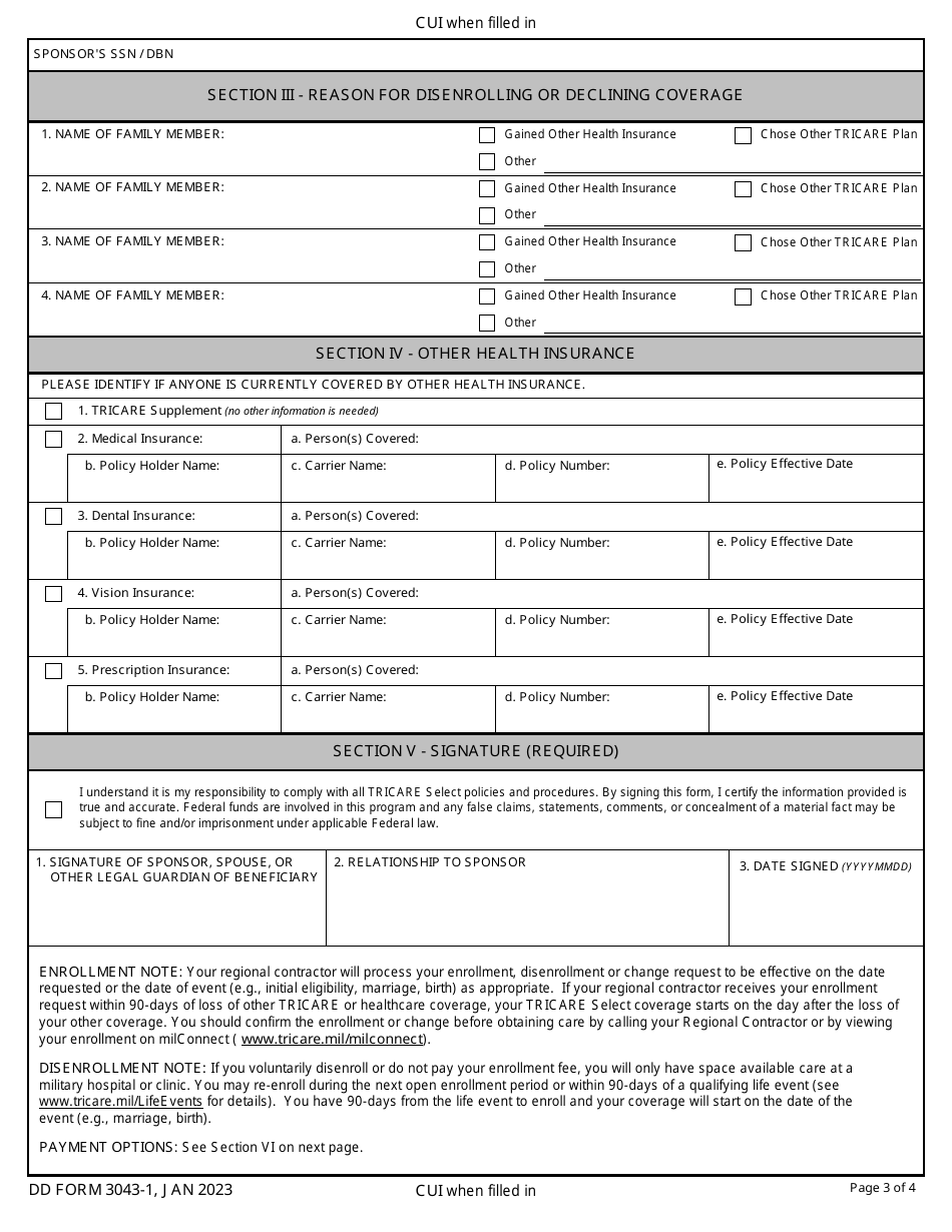 DD Form 3043-1 TRICARE Select Enrollment, Disenrollment, and Change Form (East), Page 3