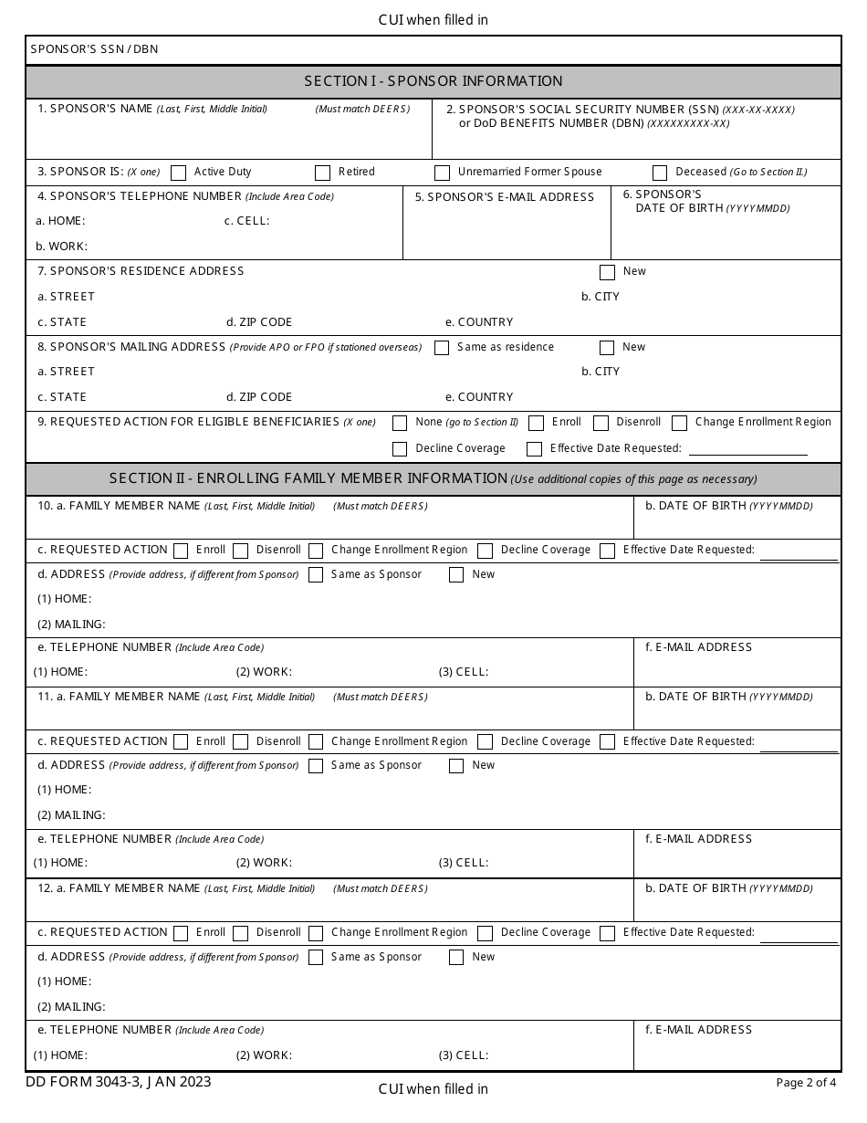 DD Form 3043-3 TRICARE Select Enrollment, Disenrollment, and Change Form (Overseas), Page 2