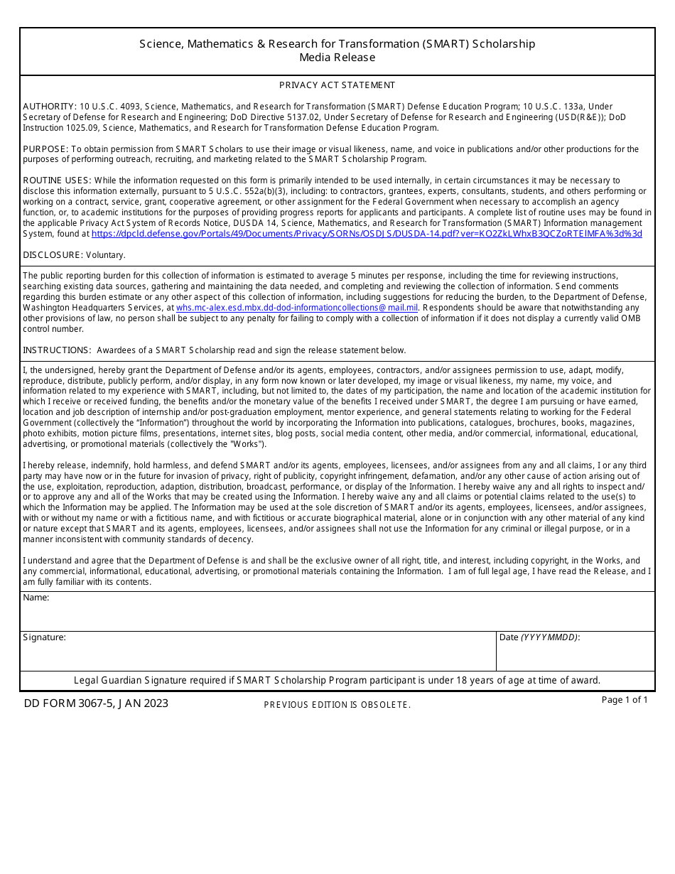 DD Form 3067-5 Science, Mathematics  Research for Transformation (Smart) Scholarship Media Release, Page 1
